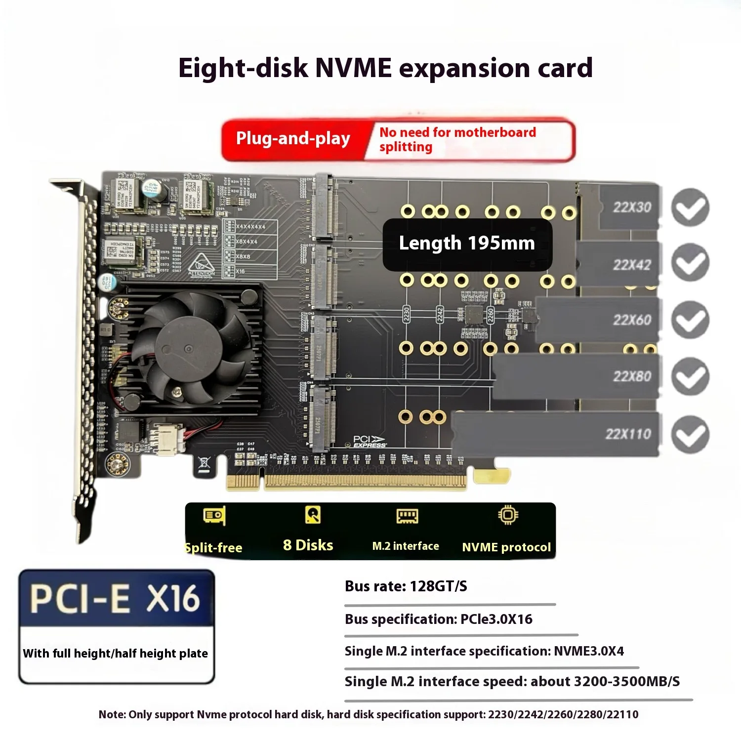 PLX8749 free drive, free main board split 8 disc m.2 full height, expansion card