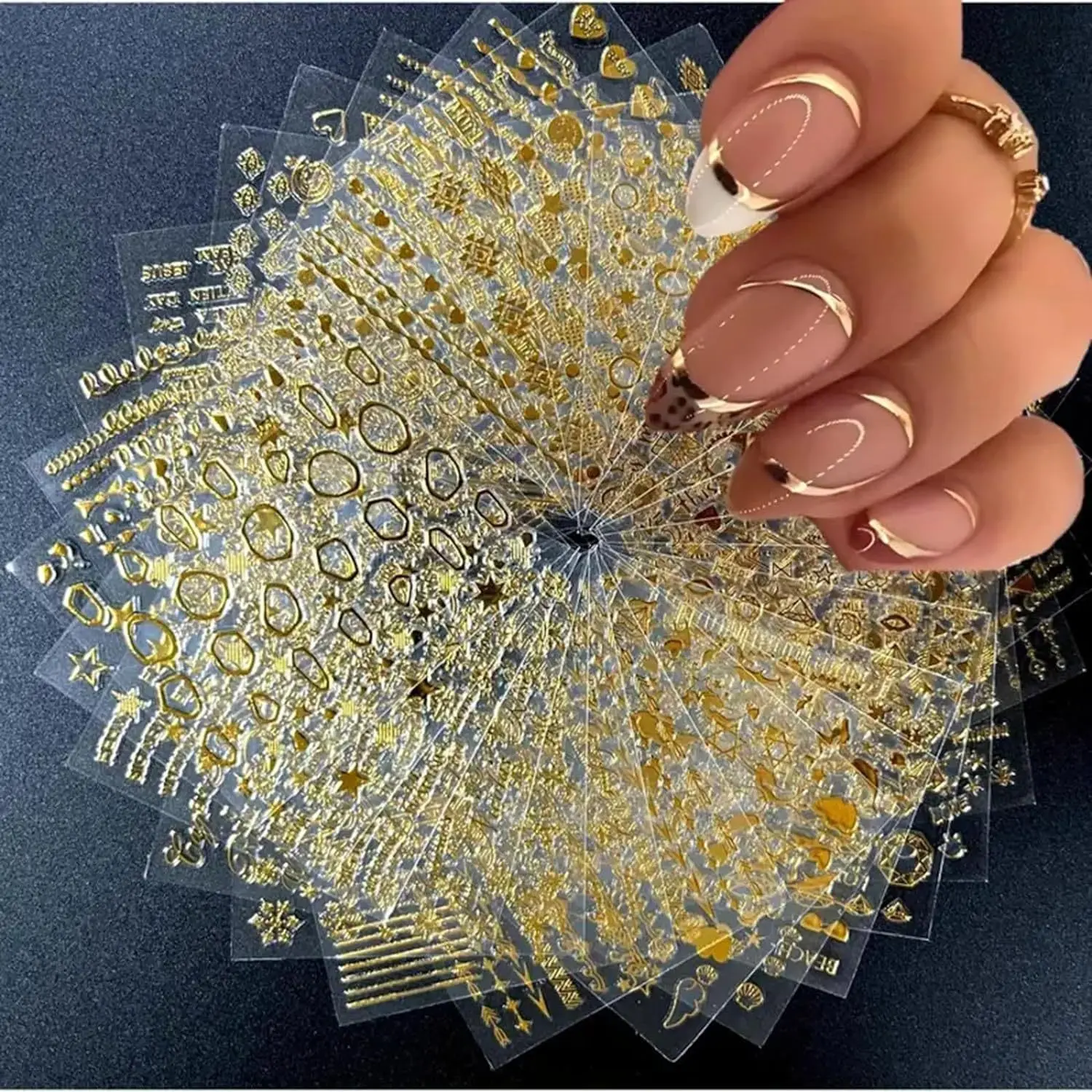 30 Sheets Gold Nail Art Stickers 3D Self-Adhesive Nail Decals Gold Line Star Nail Stickers for Acrylic Nails Gold Leaf