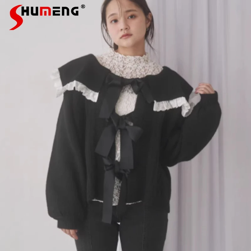 

Japanese Y2K Sweet Navy Collar Front Tie 3D Cable Knit Cardigan Coat Women's Jacket Autumn Simple Single-breasted Top Knitwear