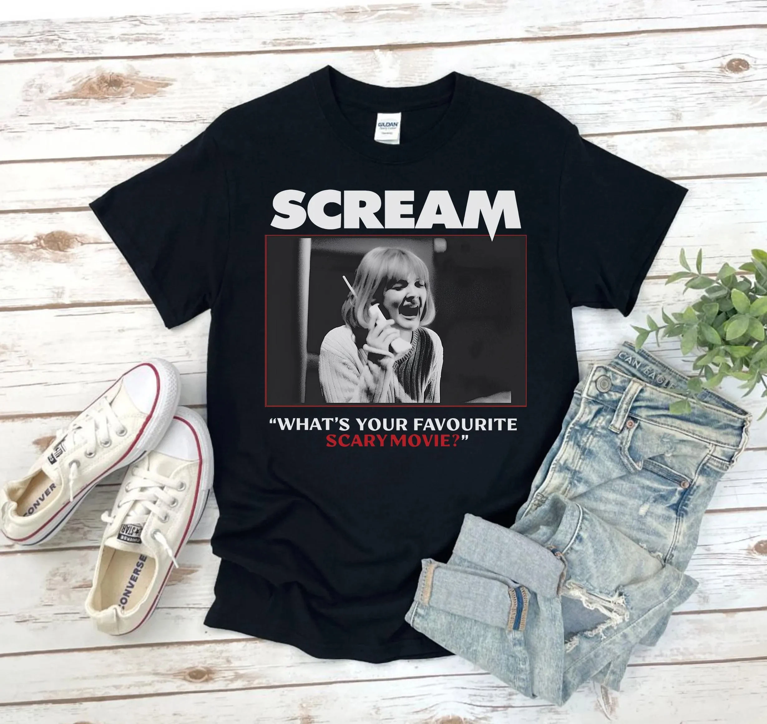 Scream Movie Shirt What's Your Favorite Scary Movie Tee Vintage Horror Film Graphic T-Shirt Drew Barrymore Slasher Quote Shirt