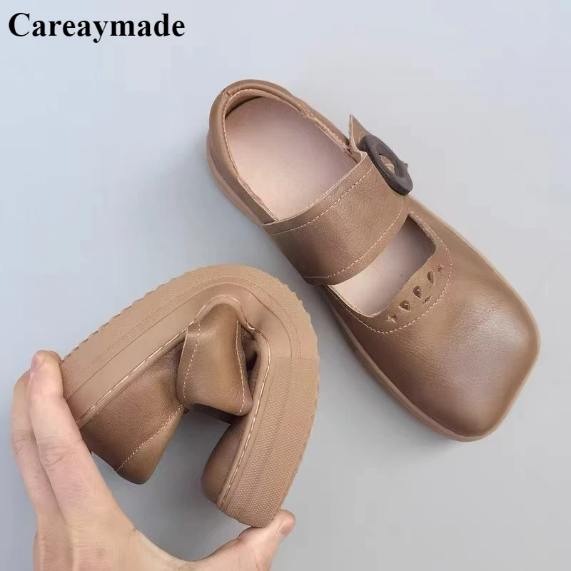 

Careaymade-100% Genuine Leather square wider head hand sewn women's shoes casual soft thick soled big size single shoes,3 color