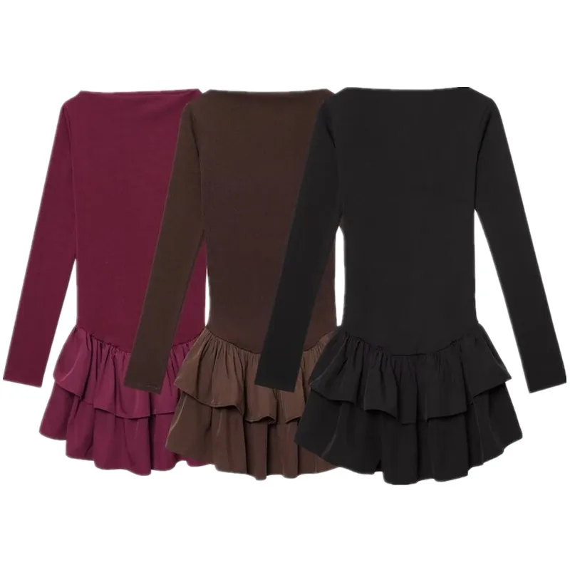 Moda Fena Primavera 2025 Vestido Curto de Manga Longa com Decote Redondo Decoração em Camadas Versátil Nova Chegada Estil...