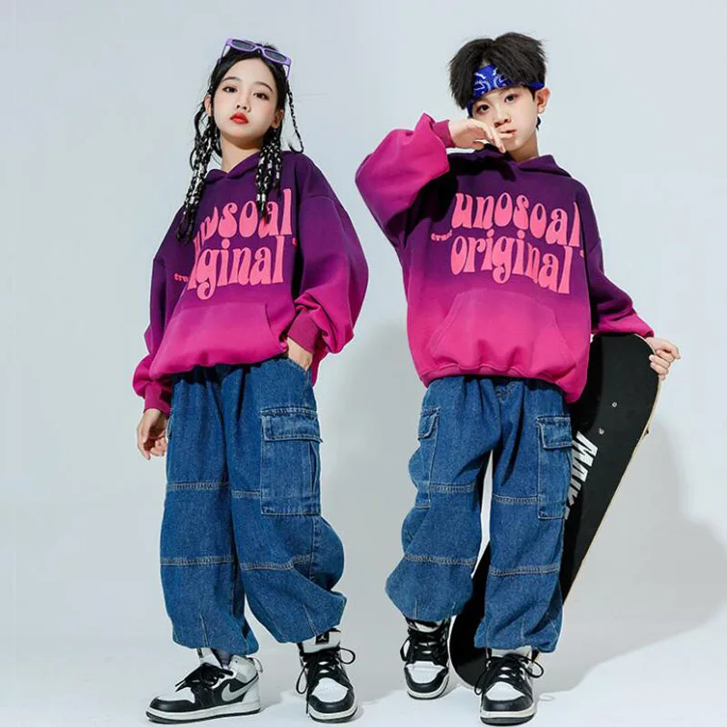 Kids Hip Hop Clothing Sweatshirt Hoodie Denim Cargo Jogger Streetwear Pants for Girl Boy Jazz Dance Costume Clothes Outfits Set