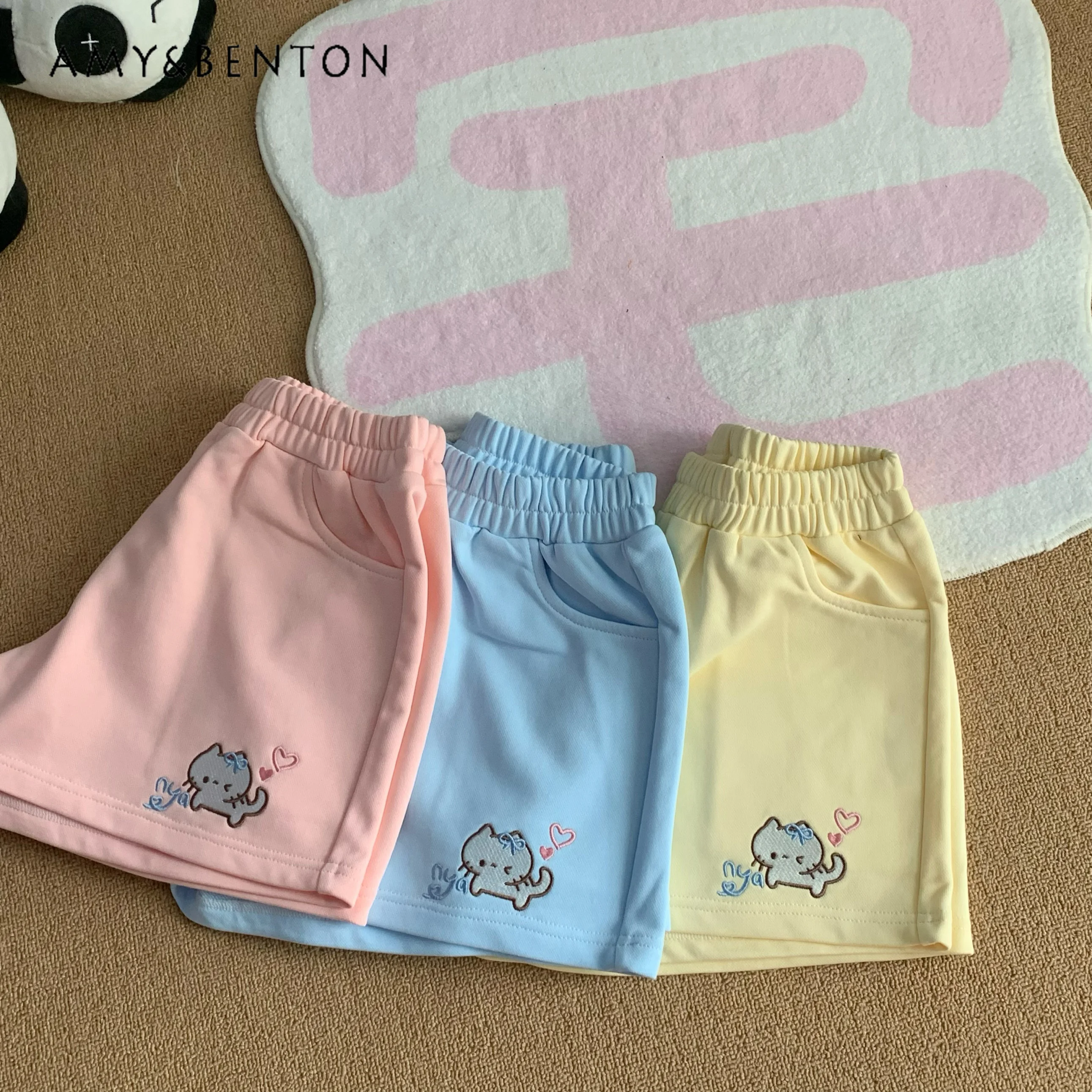 Cute Kawaii Cartoon Embroidered Shorts Summer New Japanese Preppy Style Solid Color Versatile High-waisted Slim Wide-leg Pants
