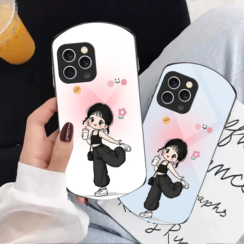 

The girl holding coffee For iPhone 16 15 14 Pro 13 Plus 12 mini 11 13Pro Max XR Xs X 7 8 6 Elliptical Tempered Glass Phone Case