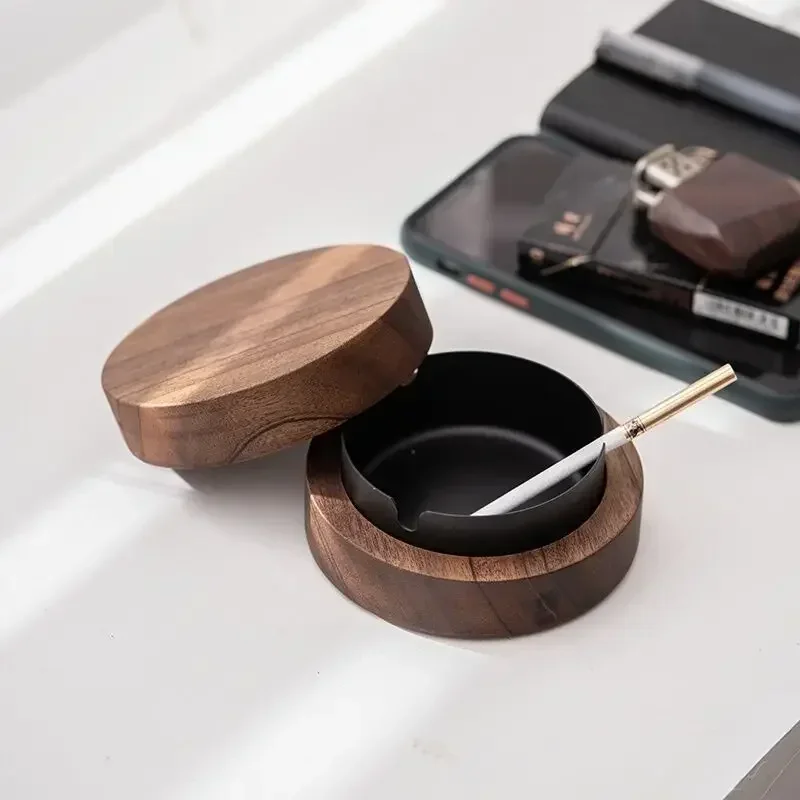 

Wood Desktop Ashtray with Lid Stainless Steel Windproof Cigar Ash Tray for Bar Office Home Decoration Cigarette Ashtray