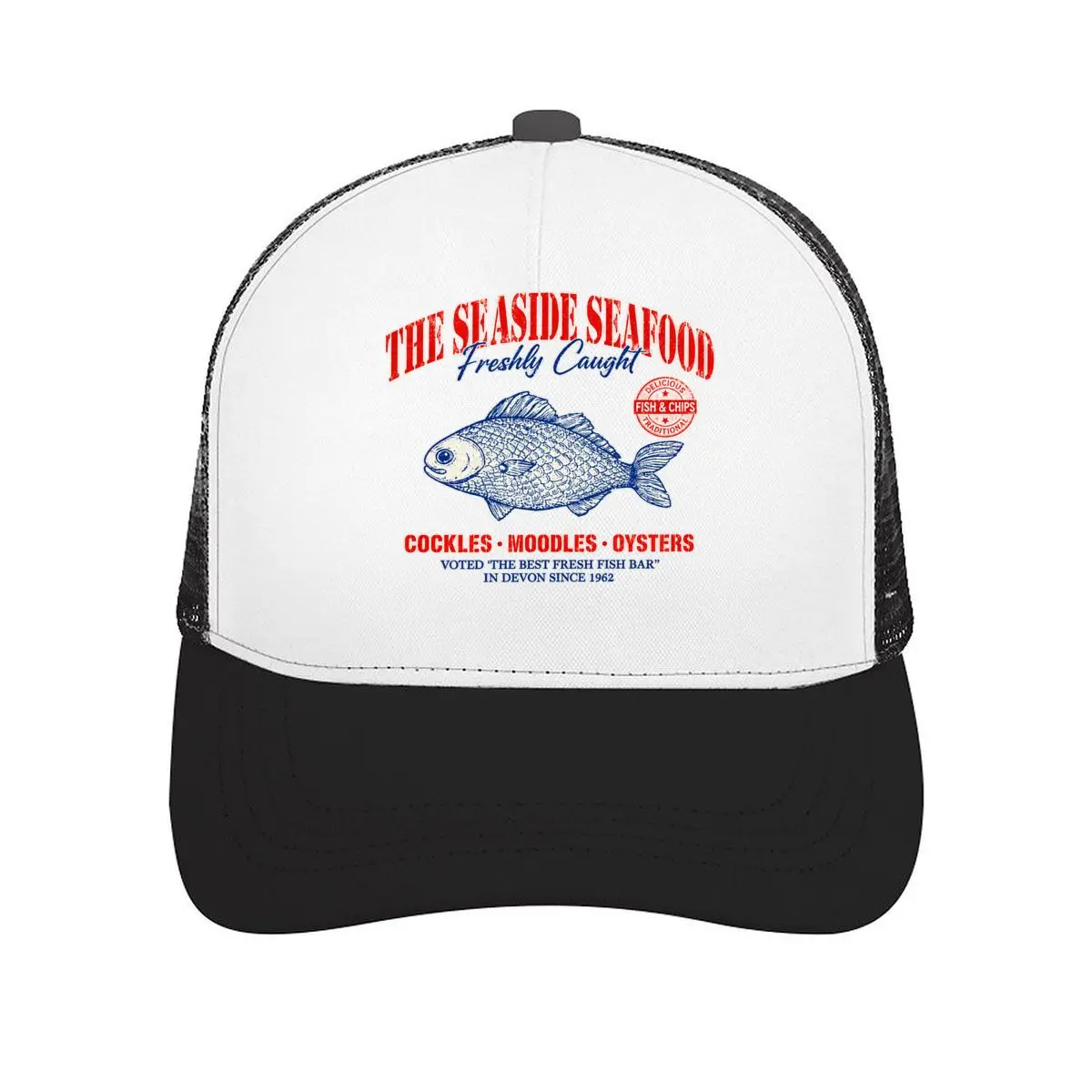 The Seaside Seafood Freshly Caught Fish Chips Devon 1962 Mesh Baseball Cap Casual Hat Outdoor