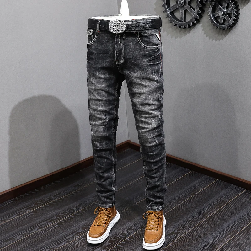 Italian Style Fashion Men Jeans Retro Black Gray Stretch Slim Fit Ripped Jeans Men Vintage Designer Casual Denim Pants Hombre