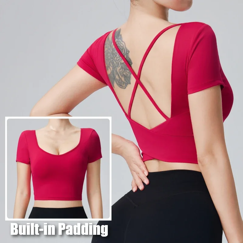 Yoga Top Women's Cross Back High Elasticity Slimming Sports Training Shirt with Chest Pad Nylon Fabric Running Fitness Gym