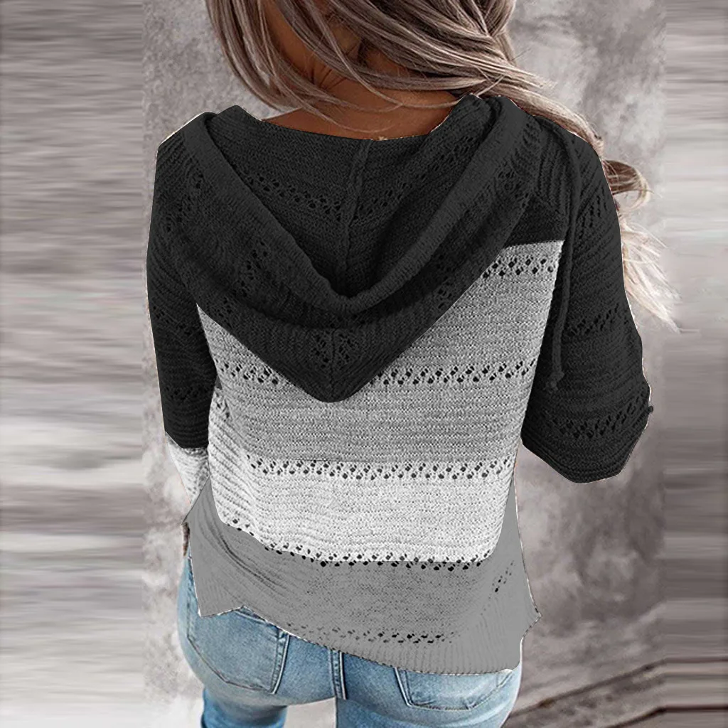 Autumn Women Casual Loose Hooded Zipper Tops Lady V Neck Knit Long Sleeve Sweater Patchwork Elegant Striped Patchwork Cardigans