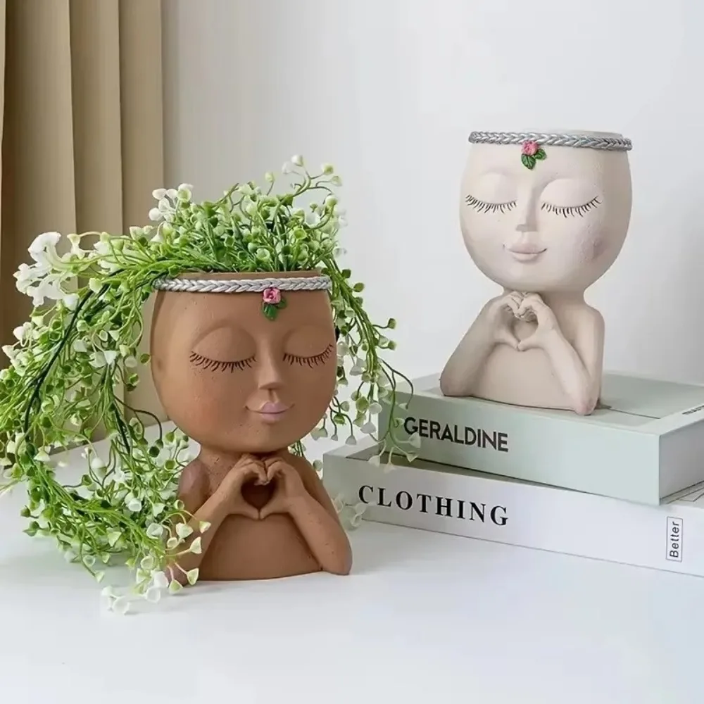 Resin Face Flower Pot with Drainage Hole Figure Art Statue Succulent Planter Gift Loving Little Girl Desktop Storage