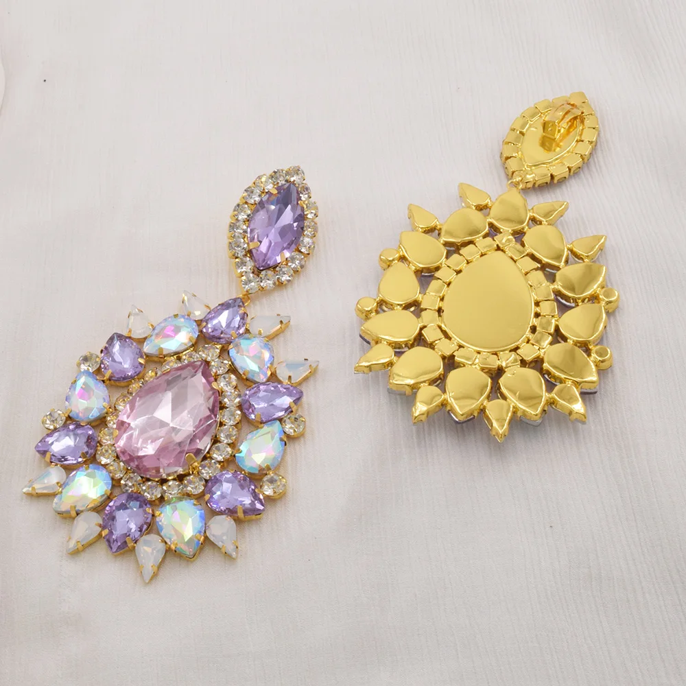 140g Weight Huge Earring Clip on14.5CM Elegant Purple Crystal Women Pink Drop  Fashion Jewelry for Beauty pageant Drag queen