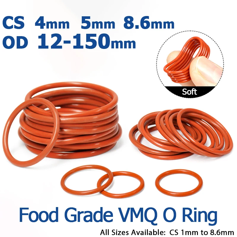 1-10Pcs Food Grade Red VMQ Silicone O‑Rings Gaskets Waterproof Insulation Sealing Round Ring Washers CS 4/5/8.6mm OD 12‑150mm