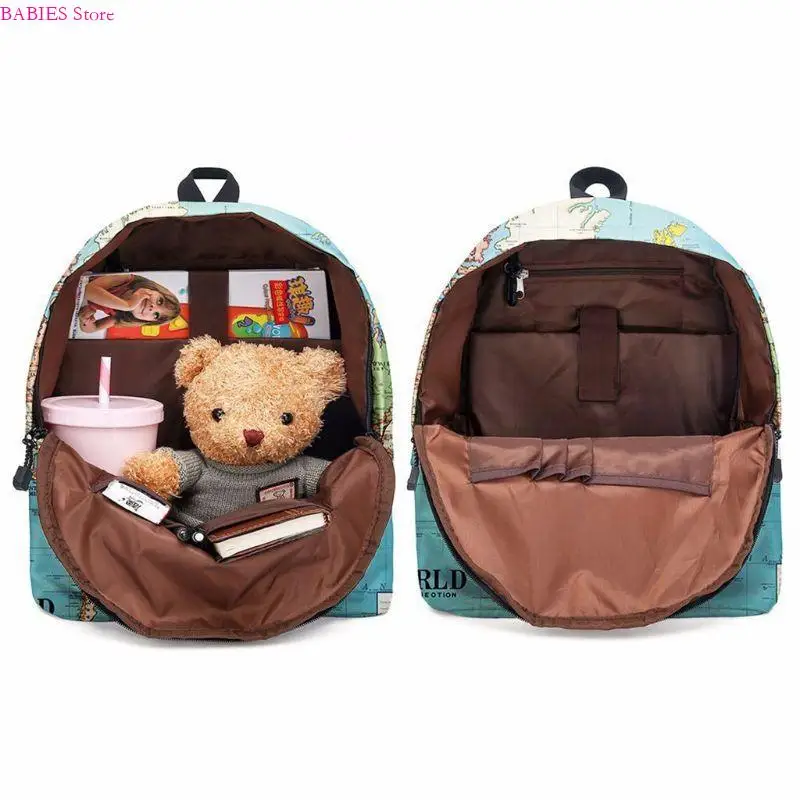 

C9GB 2pcs World Map Printing School Backpack Student Bookbag Travel Laptop Daypack with Pencil for Case for Teenager Girls
