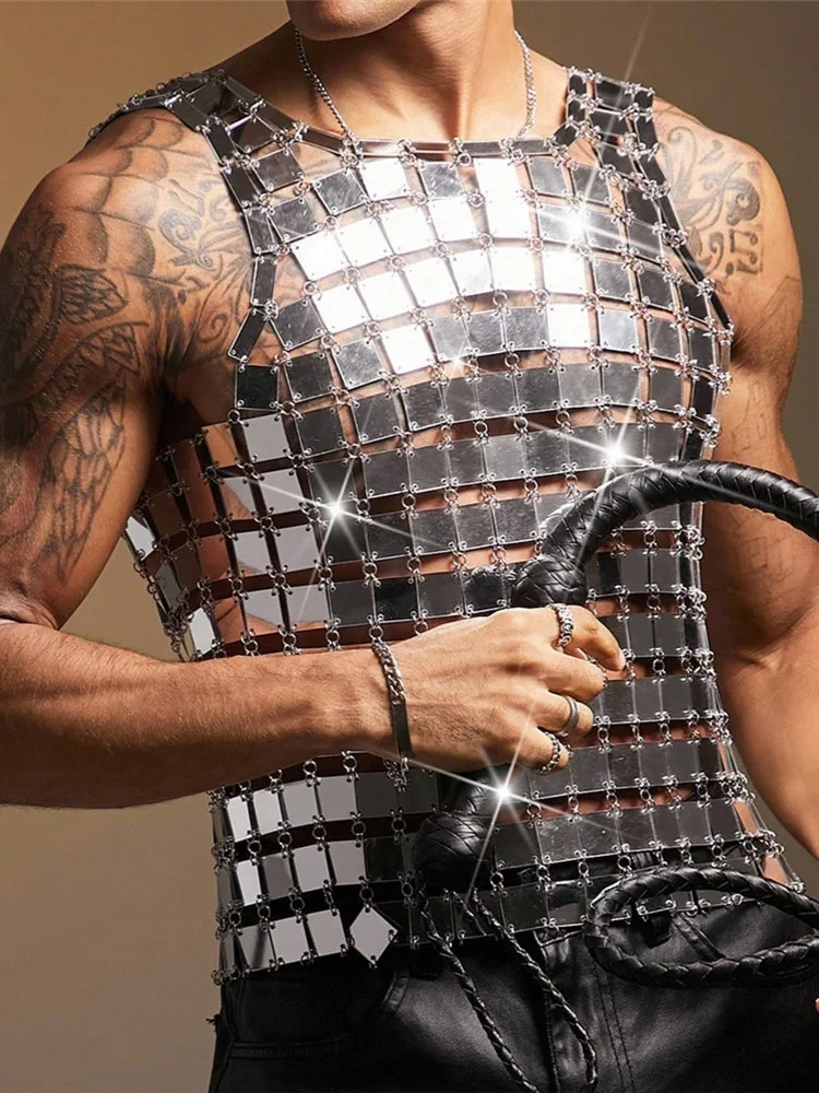 

New Men's Vest Acrylic Mirror Vests Sexy Sheer Tops Party Performance Wear Rave Form-Fitting Crop Mesh Vests