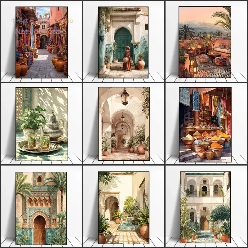 Vintage Islamic Morocco Door Courtyard Spice Arabic Architecture Wall Art Posters Canvas Painting Prints Living Room Home Dec