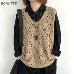 Sweater Vest Women Hollow Out Vintage Chic Knitted Korean Fashion Loose All-match Daily V-neck Sleeveless Popular Cozy Spring