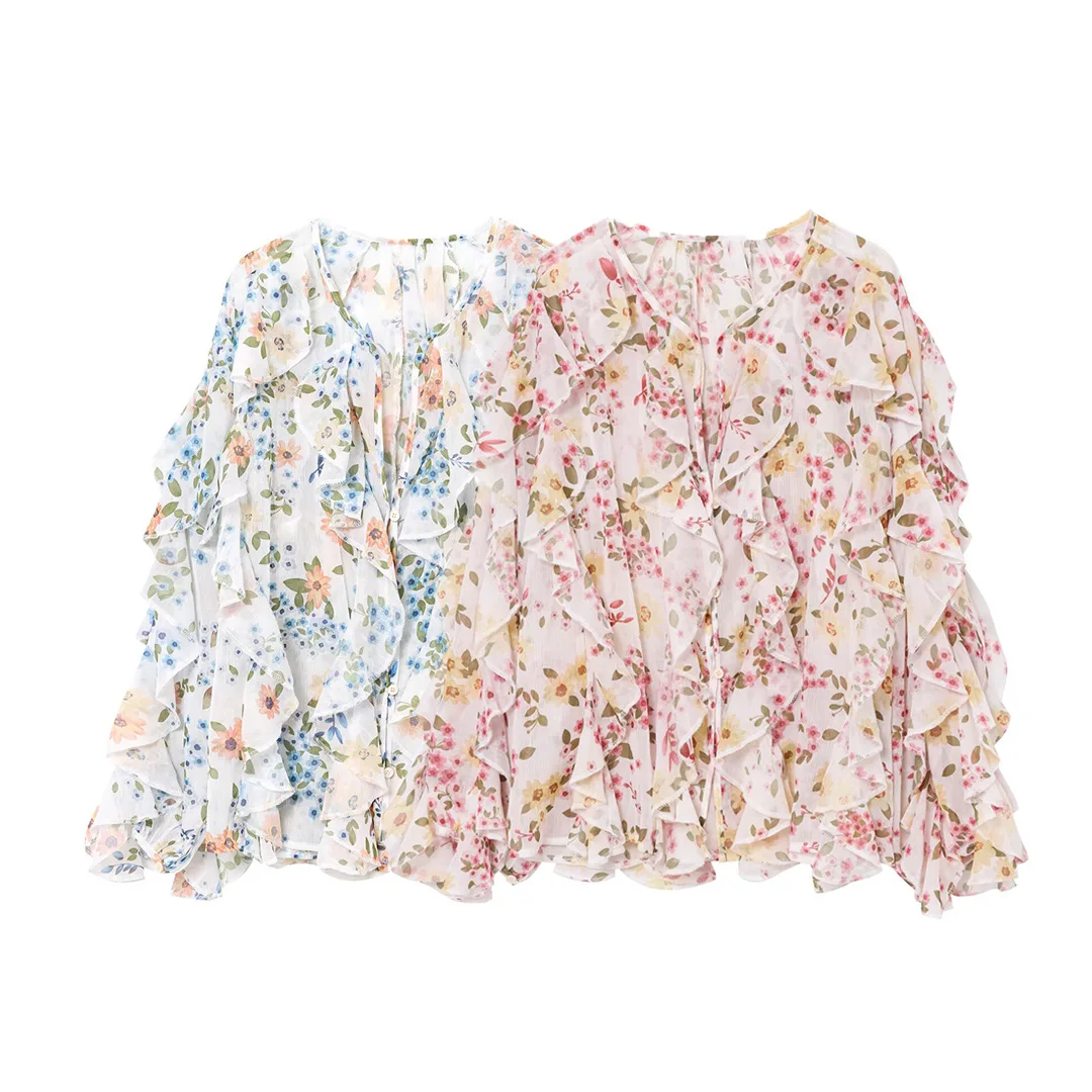 

Vintage Flower Shirts Long Sleeve Button Cute Sweet Girls Bow Tie Women Ruffled Chic Pink Tops Blusas Women Ruffles Shirt