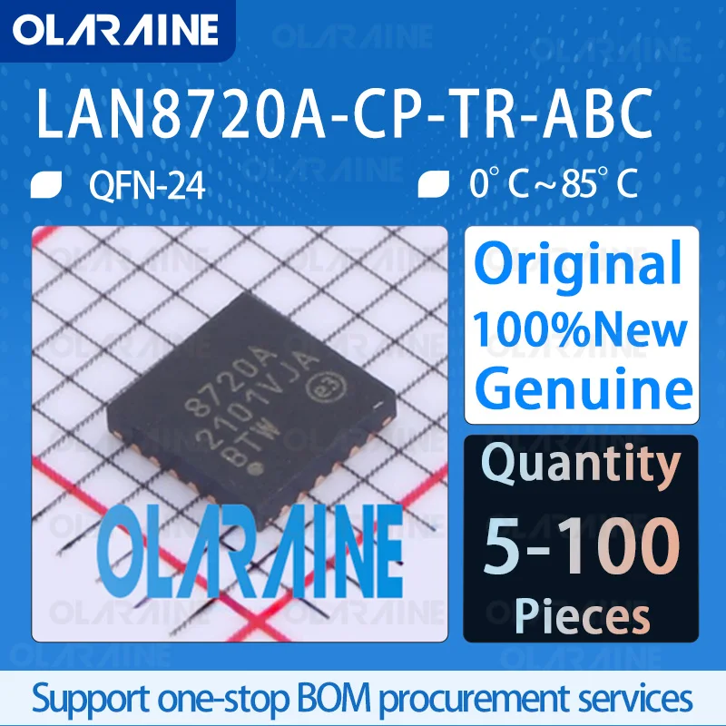 5/10/100Pcs 100%New Original LAN8720A-CP-TR-ABC QFN-24 Communication Ethernet ICs Standard 10BASE-T 100BASE-TX IC chip circuit