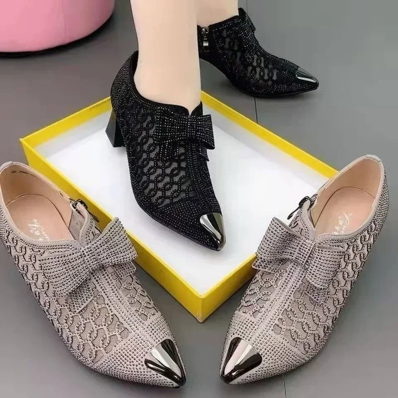 Hollow Mesh Shoes Women\'s 2024 Summer Fashion Rhinestone Square Heel Pointed Toe Size 43. Zipper Bow Sandals Women Sandalis