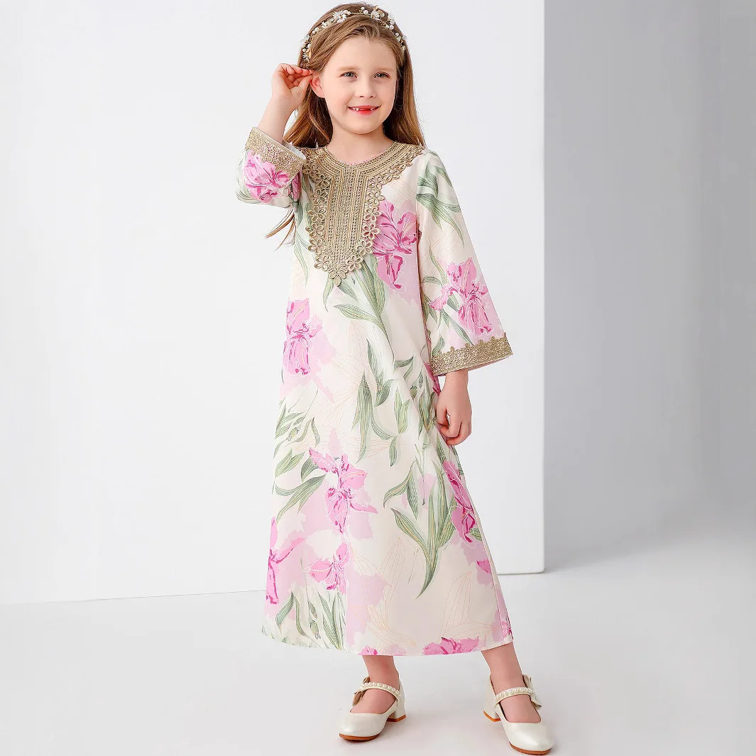 

Eid Children Girls Dresses Abaya Jalabiya Flower Print Vestidos Muslim Kids Party Dress Morocco Dubai Kaftan Arab Long Robe