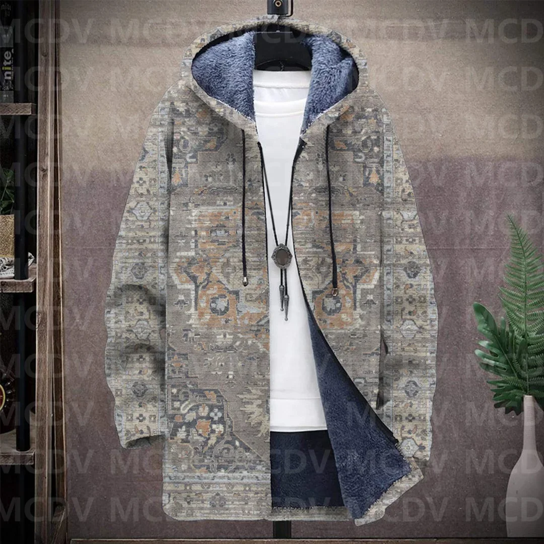 Men's Retro Pattern Print Plush Thick Long-Sleeved Coat Fleece Hooded Overcoat Men Thick Warm Jacket