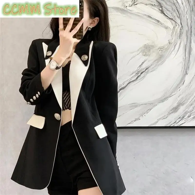 Nuova giacca da abito nera di alta qualità da donna autunno Blazer Design senso del contrasto colore vestiti da donna Trench da donna primavera