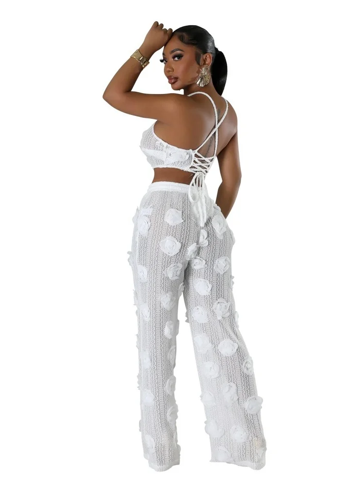 Wmstar Set Women Wholesale A Solid Color See Through Two Piece Featuring A Short Lace Up Top Paired with Loose Fitted Trousers