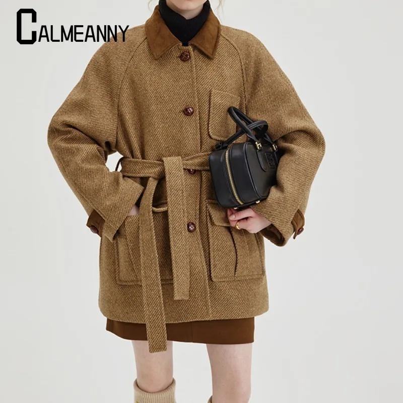 2024 Autumn Winter New Style Fashion Women's Coats Casual Loose Versatile Retro High Quality Pockets Belt Tweed Coat