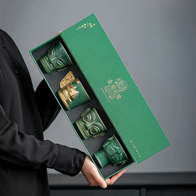 Sanxingdui Bronze Mask Ceramic Tea Cup Set with Gift Box - Retro Kung Fu Teaware Gift for Cultural Heritage Collectors