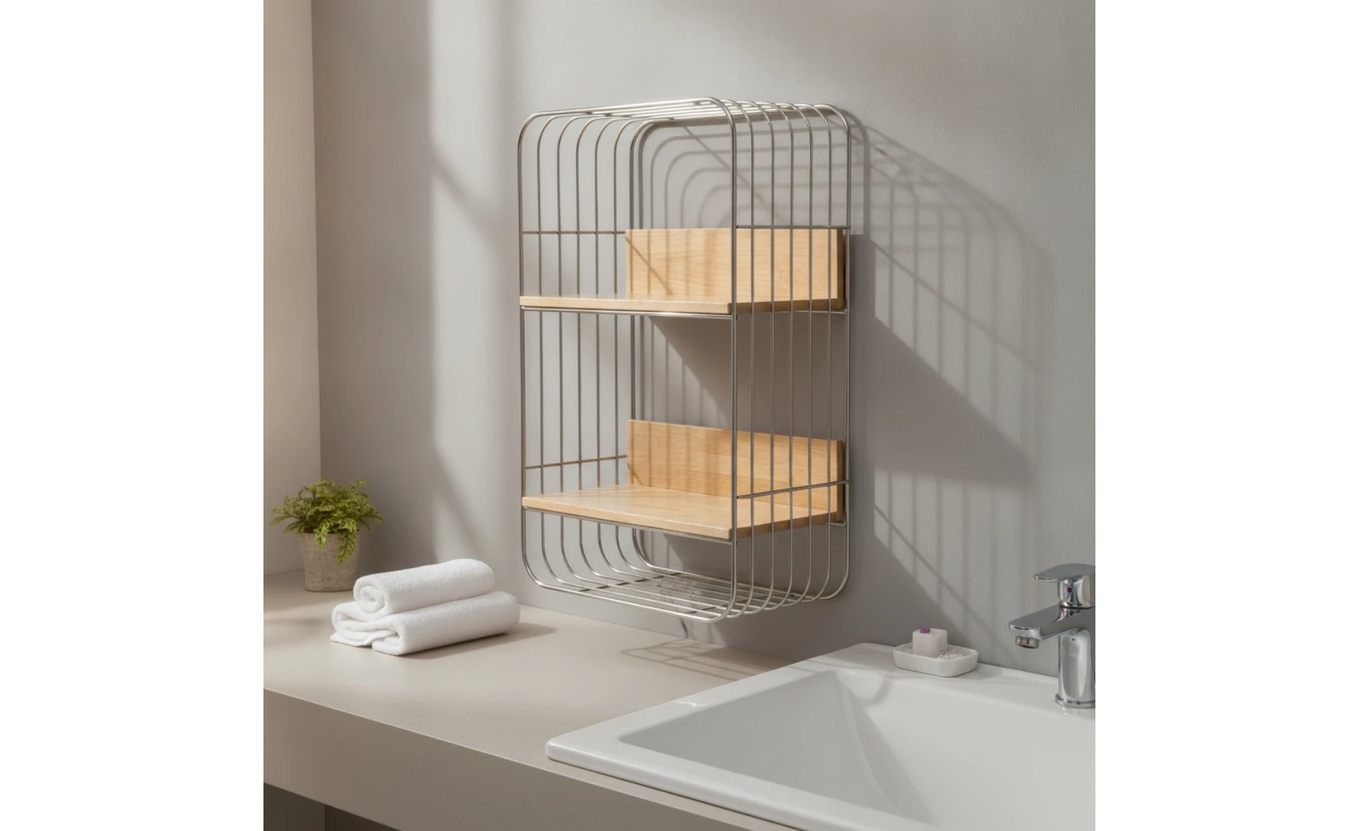 Wall-Mounted Storage Rack Two-Tier Shelf with Wooden Boards Open Shelf Rack Stainless Steel Furniture Metal Frame for Kitchen