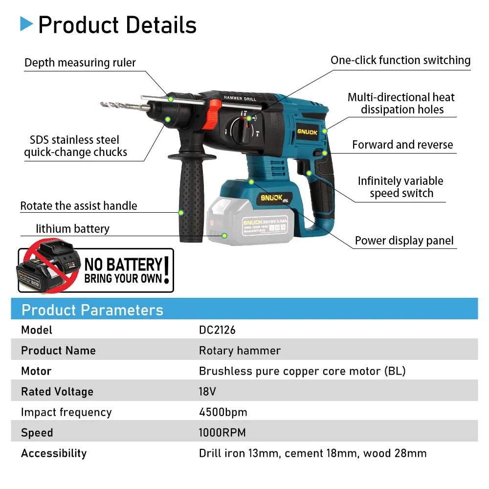 Bor Palu Putar Tanpa Kabel SNUOK Bare Machine Brushless Rotary Hammer, Perkakas Listrik Rumah Tangga, Bor Impak Genggam untuk Baterai Lithium Makita 18V