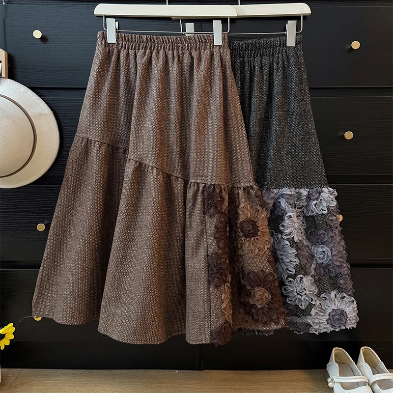 

French Style Design Temperament Three-dimensional Flower Splicing Skirt Women's 2025 High Waist A-line Loose Large Swing Skirt