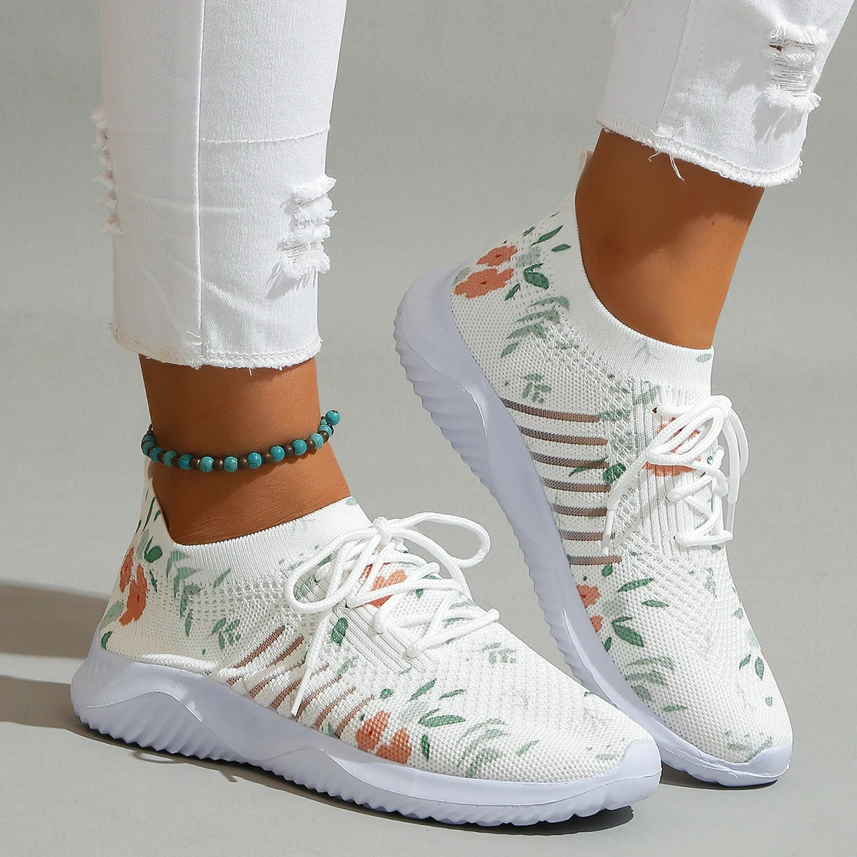 

Printed Knitting Flats Women 2024 Summer Lightweight Breathable Mesh Sneakers Woman Lace-Up Soft Sole Casual Walking Shoes 43