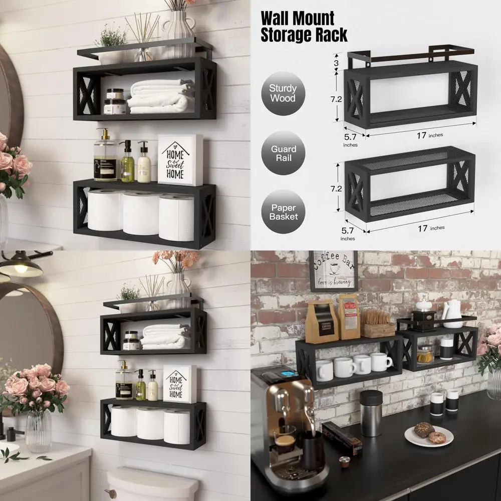 

RICHER HOUSE Floating Shelves with Guardrail, Rustic Wood Shelves for Wall Décor, Farmhouse Bathroom Accessories Wall Mounted, B