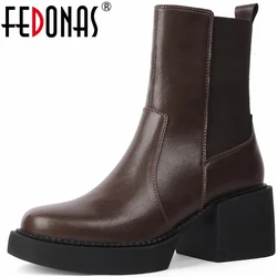 FEDONAS Vintage Women Ankle Boots Splicing Genuine Leather Thick High Heels Shoes Woman Autumn Winter Office Lady Retro Style