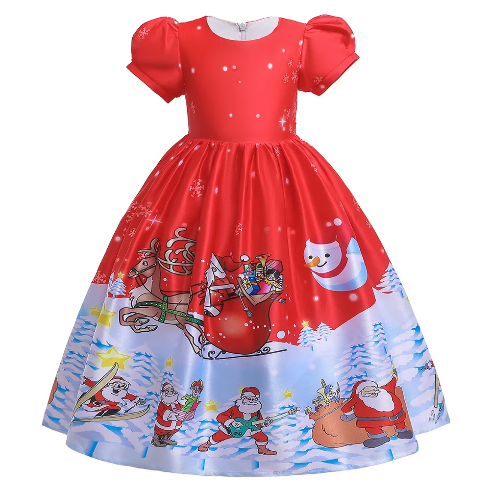 

Christmas Teen Girls Dress Cartoon Santa Claus Snowman Snowflake Printing Princess Dress For 5-14Y Girls Carnival Party Costume
