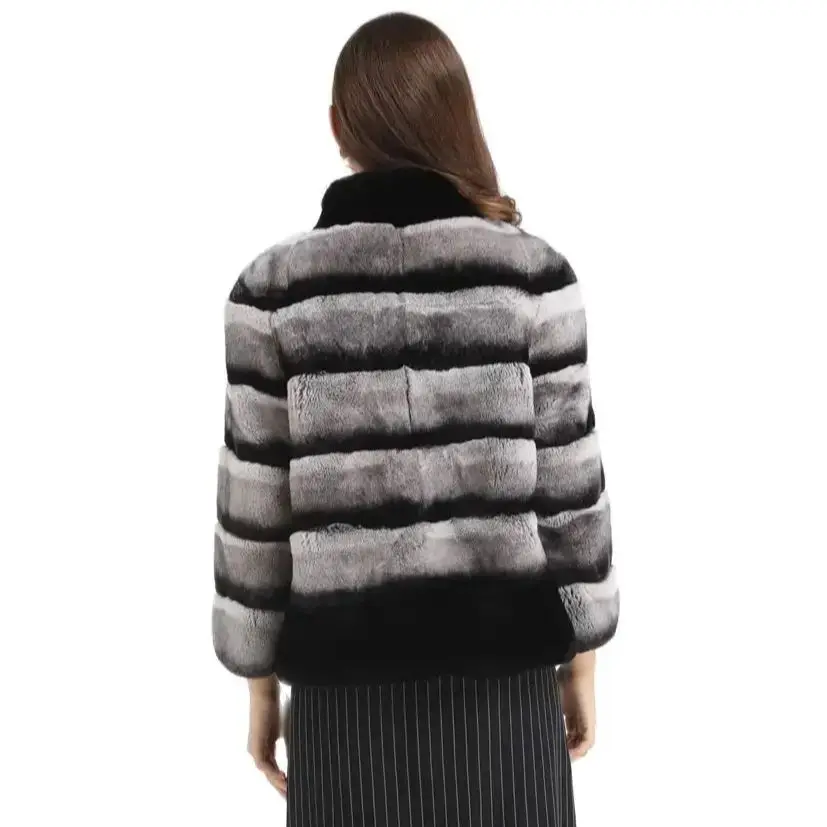 Lapel Chinchilla Coat with Zipper, Contrasting Colors, Striped, Rex Rabbit Fur, 1907002