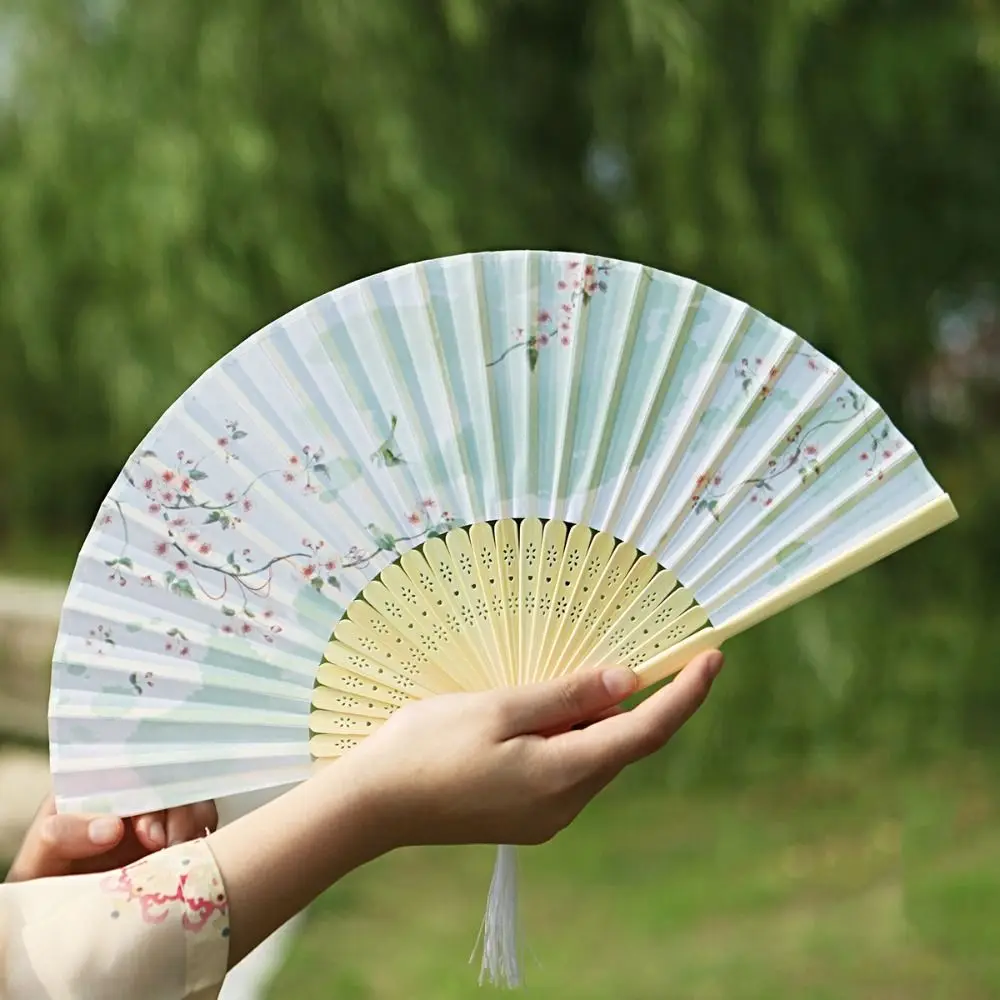 Creative No Deformation Folding Fan Bamboo Handle Handheld Props Fan Silk Fabric Handmade Party
