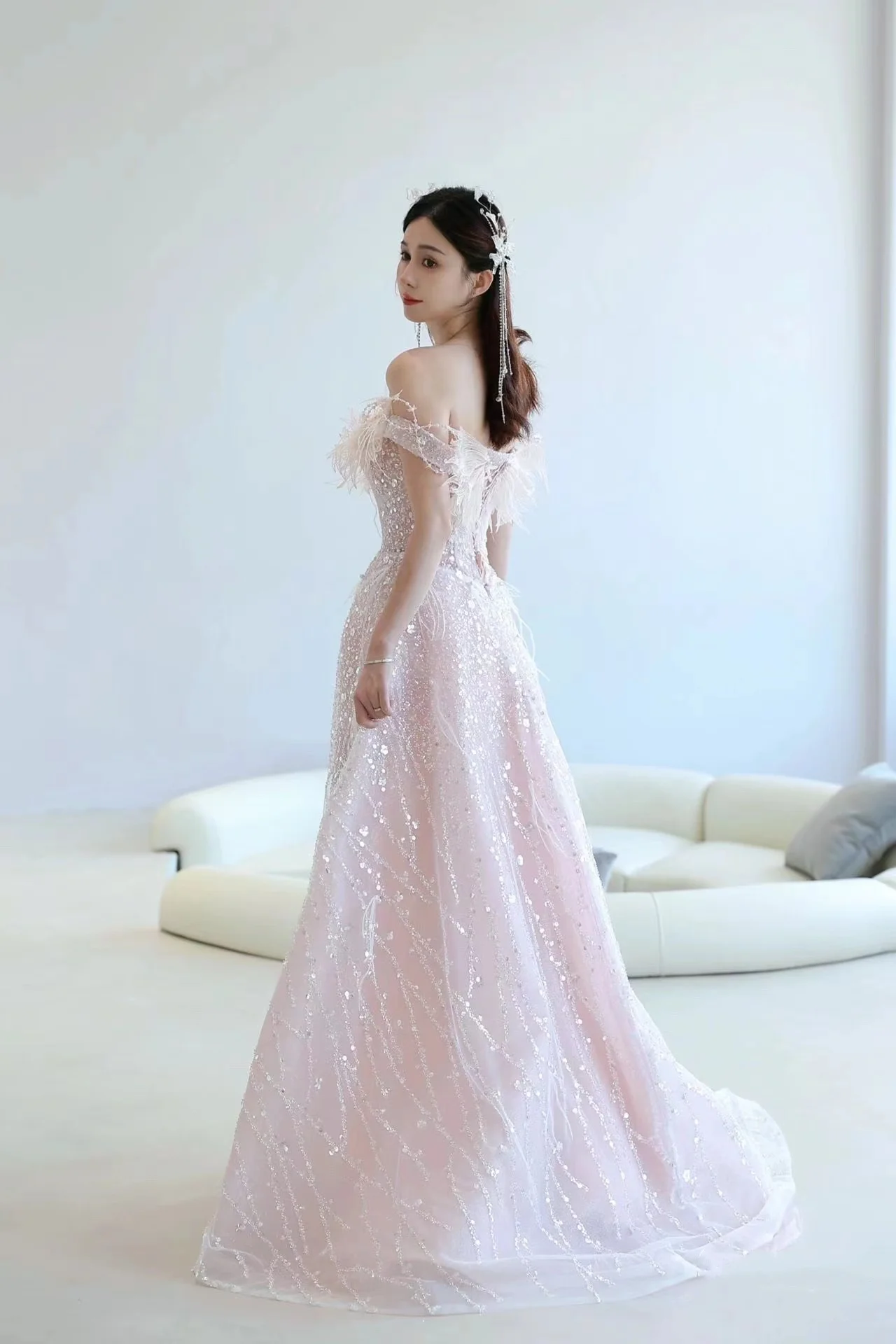 Elegant Pink Sequin Formal Evening Dress Women Luxury Slim Party Dresses Exquisite Prom Gown