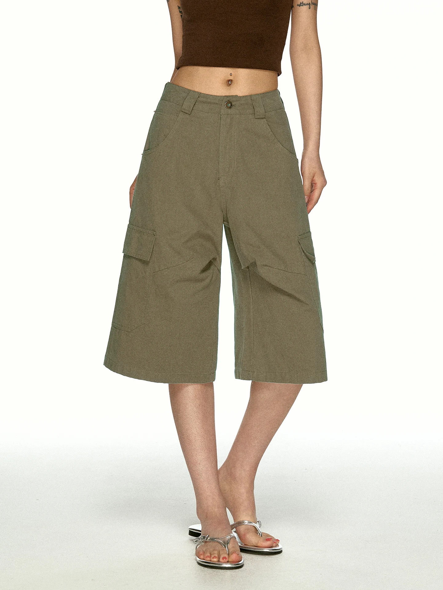 Aaisup Military Green Workwear Style Multi-Pocket Wide Leg Pants Women Summer Loose Casual Slimming Loose Fit Casual Pants