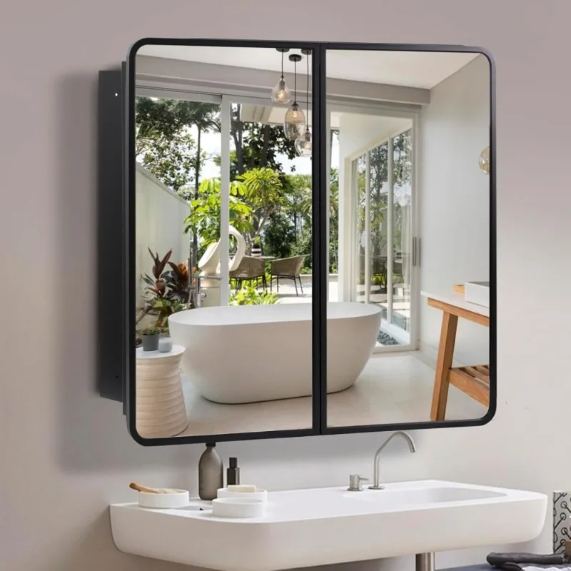 NEW 32 in X 32 in Medicine Cabinet Mirror,Black Bathroom Medicine Cabinet with Mirror Recess or Surface Wall Mount Installation