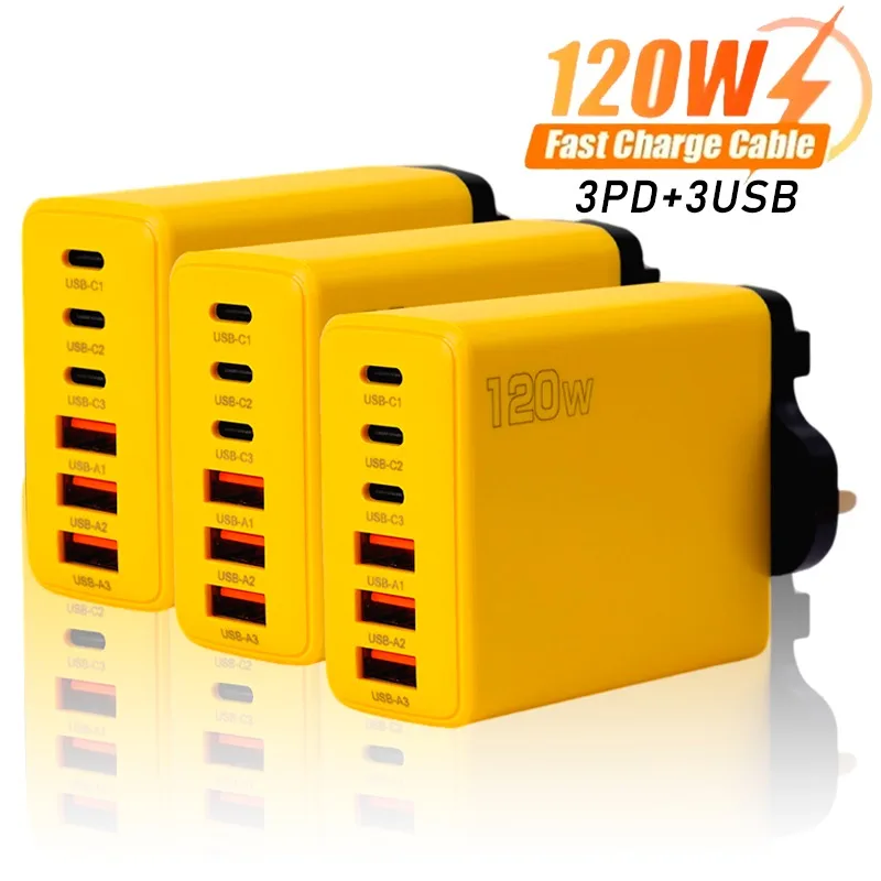 120W USB 충전기 고속 충전 유형, 3PD + 3USB 휴대폰 어댑터, EU, US, UK 플러그, 아이폰 16, 15, 삼성, 샤오미