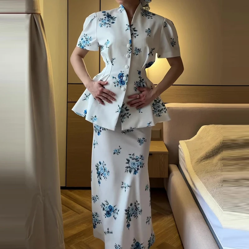 Elegant Temperament Lady Commute Sets Summer Sexy Slim Outfits Stand Collar Printed Puff Short Sleeve Tops Skirts Matching Sets