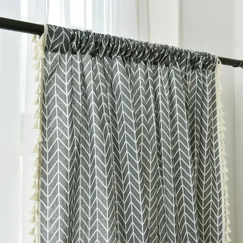 PH2150 Gray and white geometric cotton and linen curtains American country tassel kitchen curtains half blackout curtains