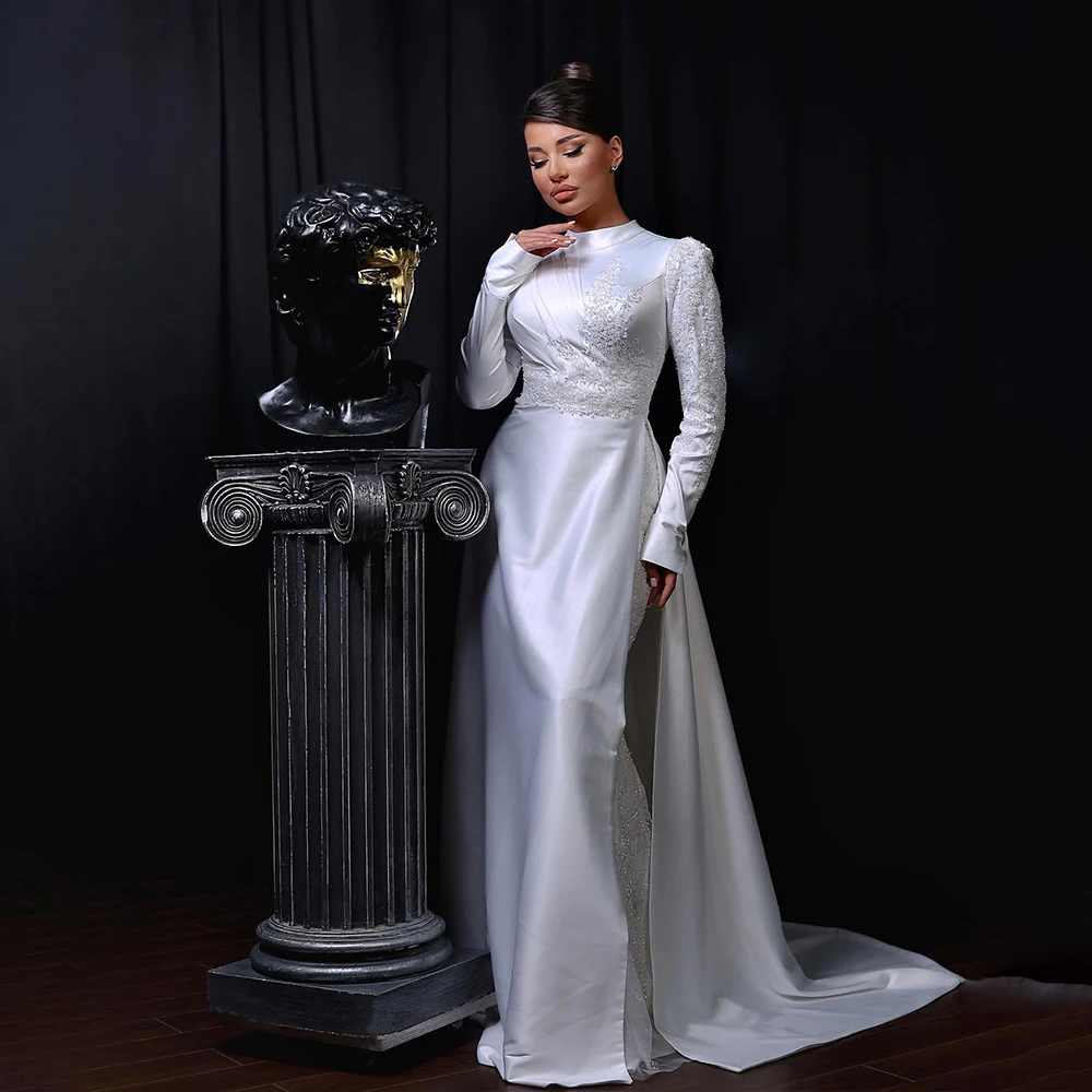 

Luxury Wedding Dresses High Neck Long Sleeve Muslim Bride Dress Mermaid Beading Bridal Gown Satin Customized robe de mariée