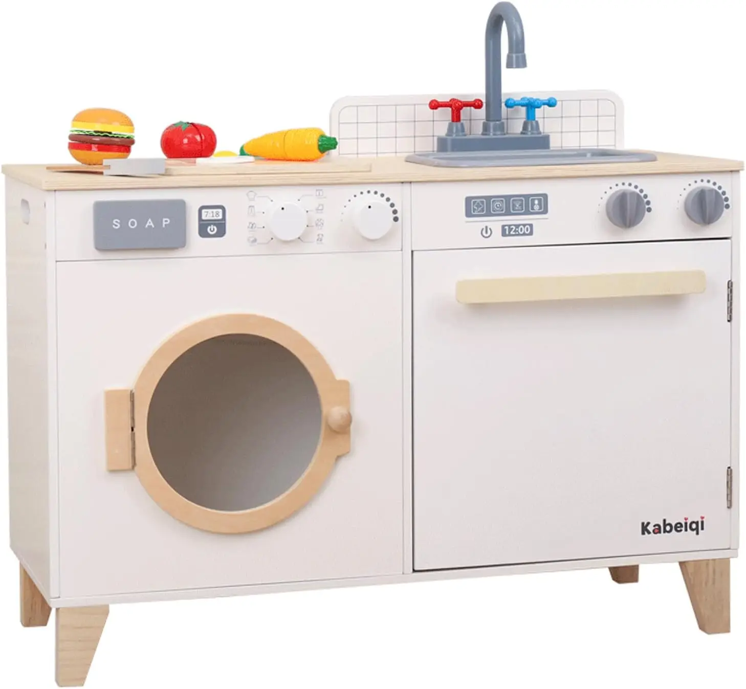 Kids Play Kitchen - Wooden Multi-Function Washing Machine For Kids Kitchen Playset - Pretend Toddlers' Kitchen Toy Washer With