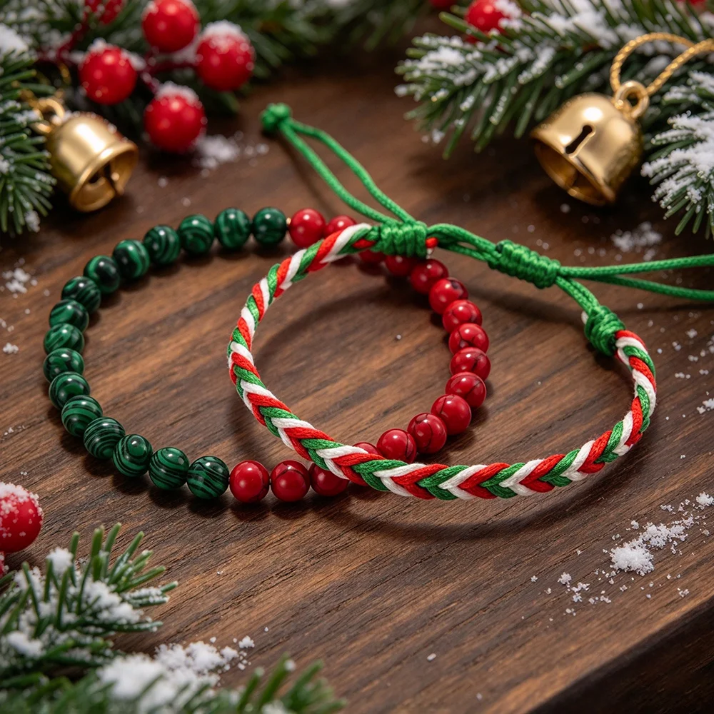 Creative 2Pcs/Set Christmas Rope Stone Bracelet Unisex Handmade Adjustable String 6mm Beads Braslet Party Festival Couple Joias