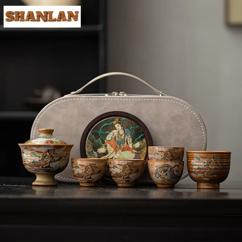 Chinse Dunhuang Buddha Ceramic Tea Set Complete Set Aesthetic Tea Ceremony Set Tea Soaking Gaiwan And Tea Cup Set Teaware Craft