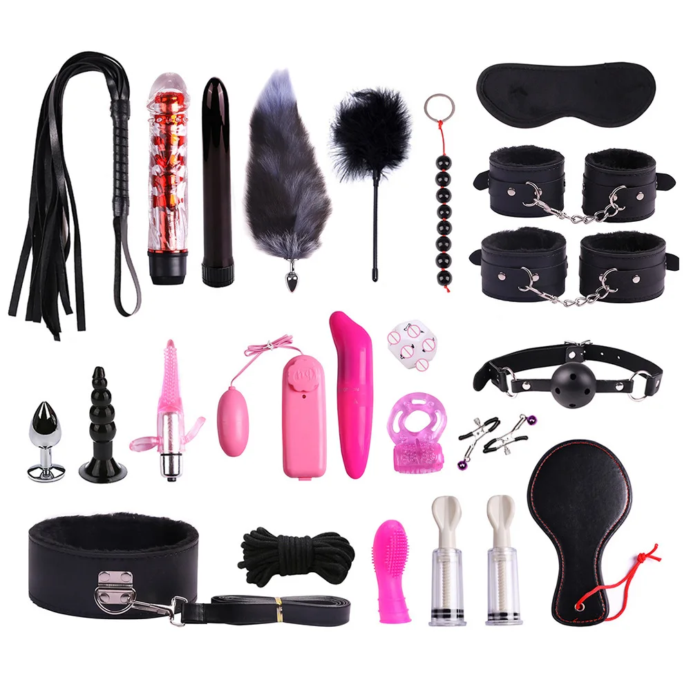 23PCS BDSM Bondage Set Handcuffs Ball Gag Whip Anal Plug Vibrator Egg Sex Toy for Women Men Couples Fetish Slave Role Play Kit
